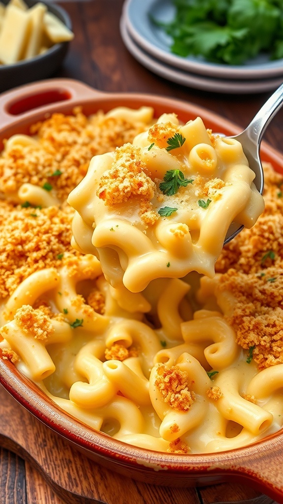 Baked Five Cheese Mac and Cheese Recipe Baked five cheese mac and cheese in a rustic dish, topped with golden breadcrumbs and garnished with parsley.